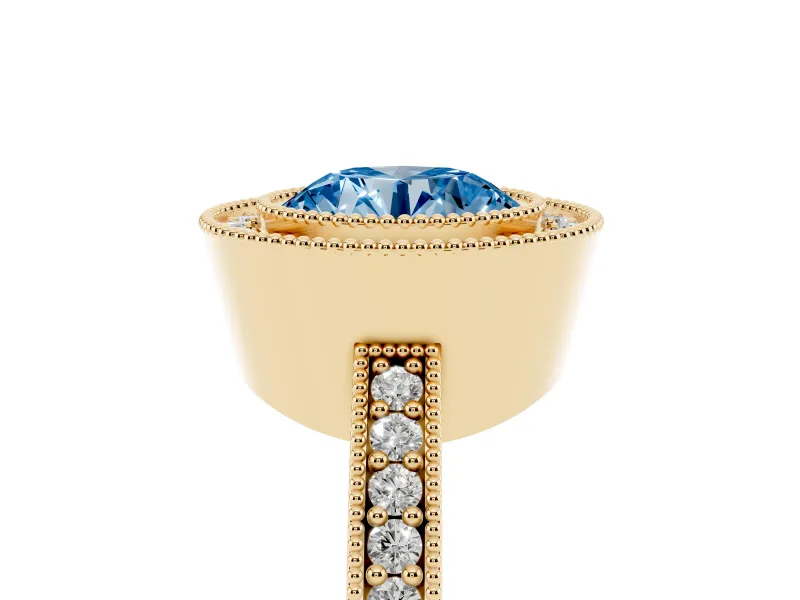 Round Milgrain Halo Engagement Ring Setting for a Fancy Blue Lab-Grown Diamond | Pave Band | Yellow Gold