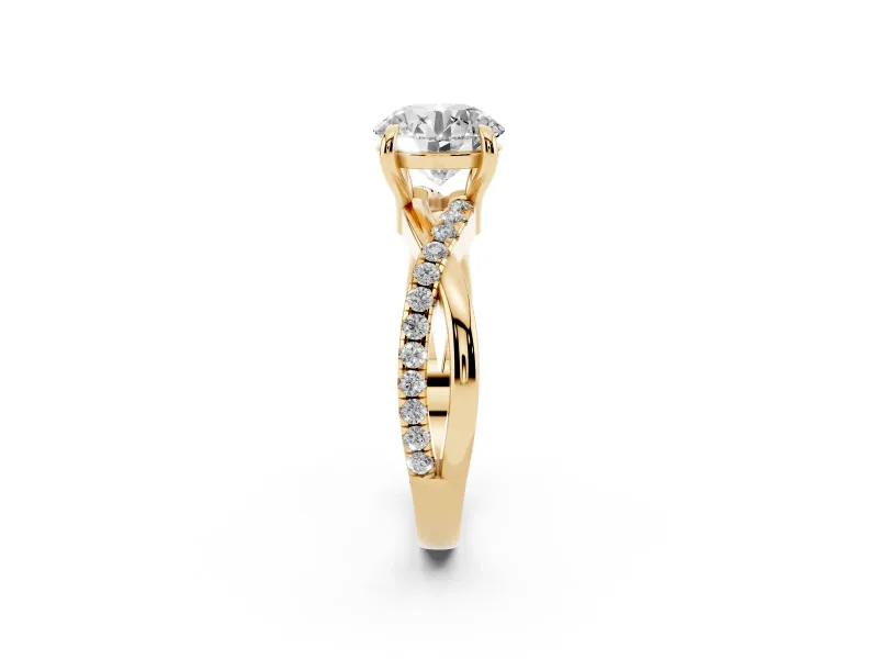 Round Cut Diamond Twist Band Solitaire Set in Yellow gold with Pavé Accents and Prong Setting