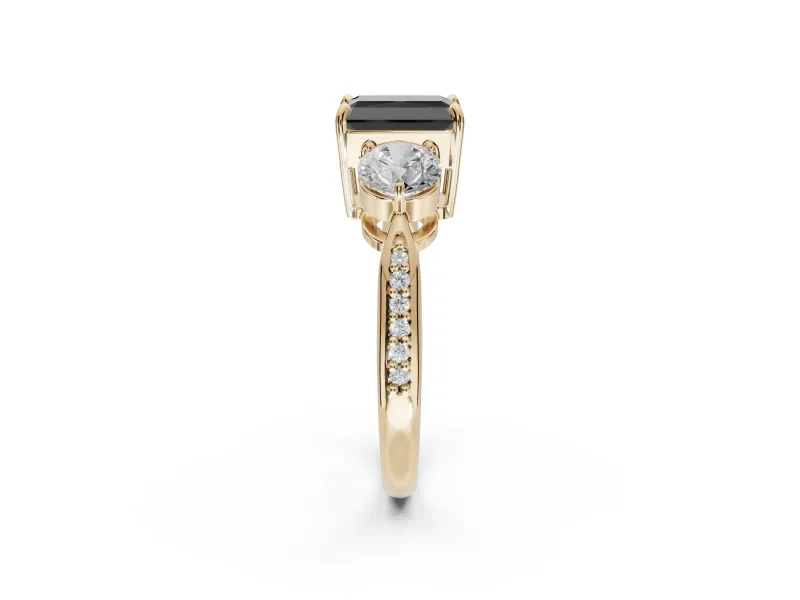 Radiant Cut Three Stone Engagement Ring Setting for a Black Center | Tapered Pavé Band | Yellow Gold