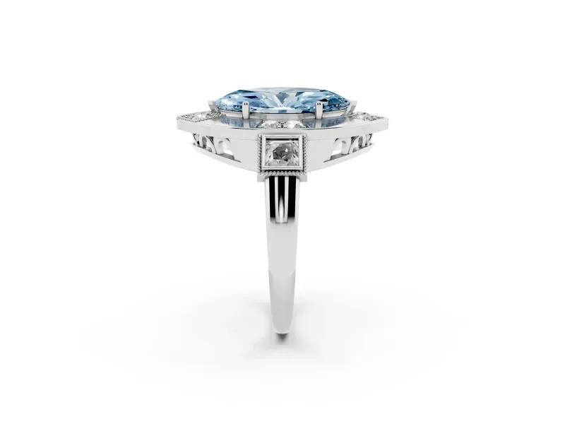 Fancy Blue Marquise Cut Diamond Milgrain Halo Ring Set in Silver with Split Shank