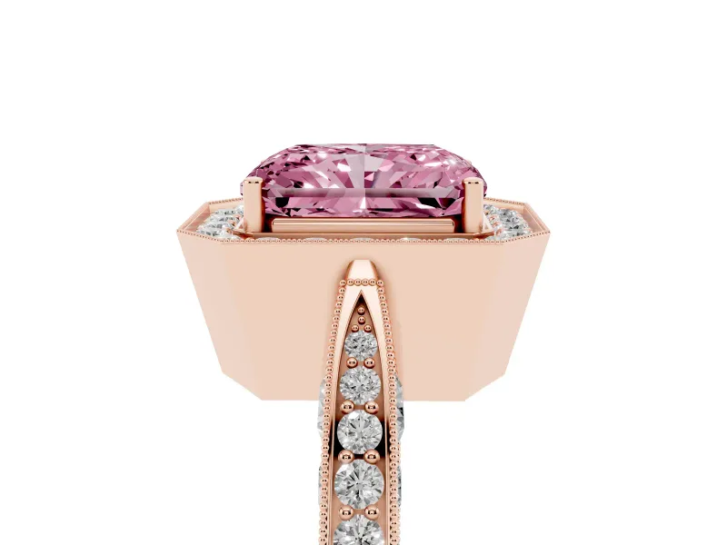 Radiant Cut Milgrain Halo Engagement Ring Setting for a Fancy Pink Lab-Grown Diamond | Side Stones | Rose Gold