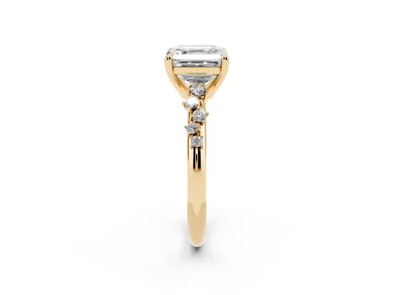 Asscher Cut Diamond Solitaire Vine Band Ring Set in Yellow gold with Round Accents and Prong Setting