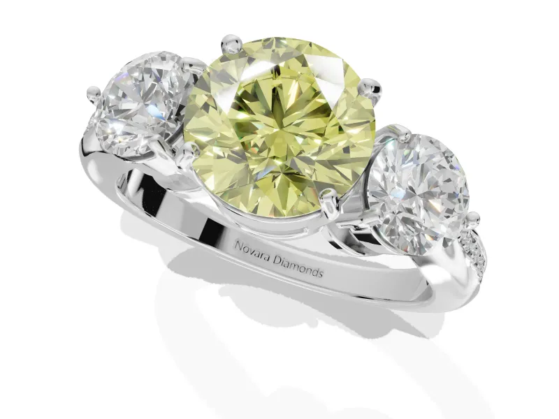 Round Three Stone Engagement Ring Setting for a Fancy Yellow Lab-Grown Diamond | Tapered Pave Band | White Gold