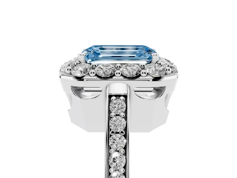 Fancy Blue Emerald Cut Diamond Floral Halo Ring Set in White gold with Pavé Band and Prong Setting