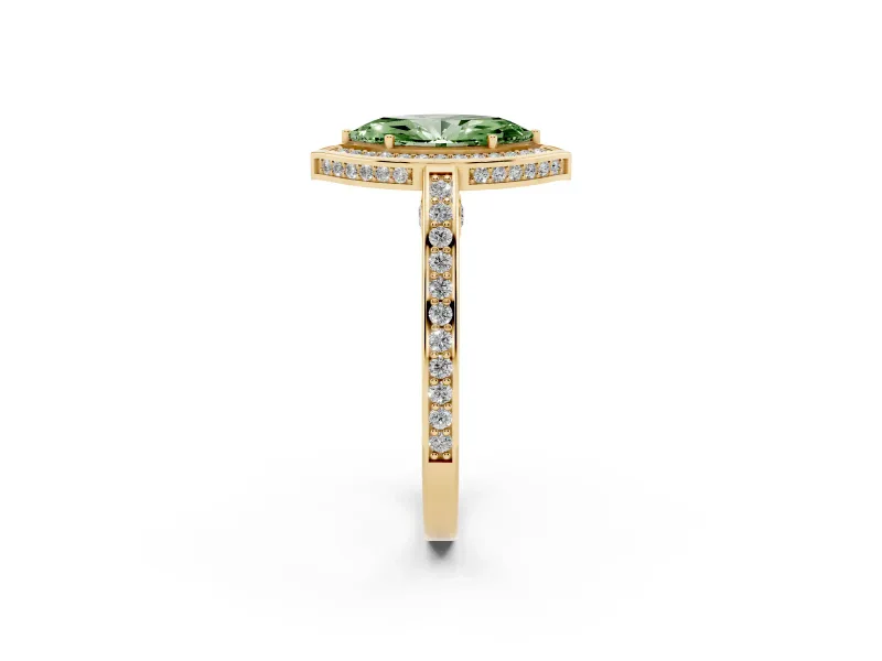 Fancy Green Marquise Cut Diamond Halo Pavé Split Shank Ring Set in Yellow gold with Prong Setting