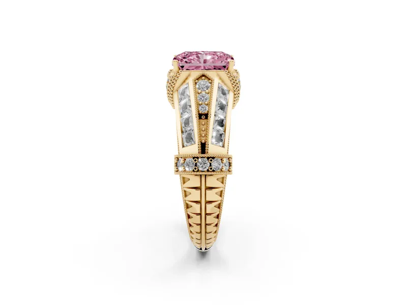 Radiant Cut Vintage Milgrain Engagement Ring Setting for a Fancy Pink Lab-Grown Diamond | Hidden Halo | Yellow Gold