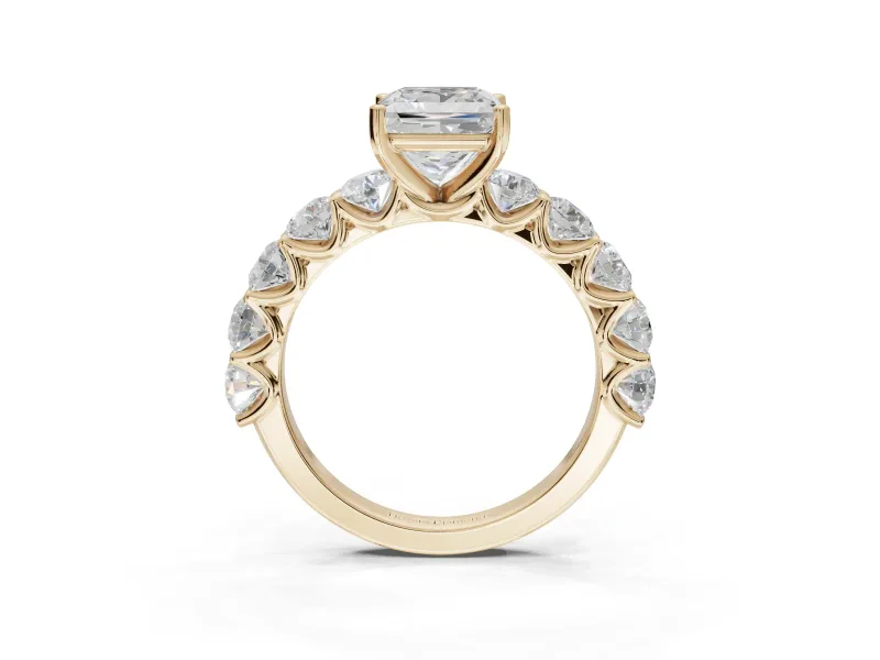 Princess Cut Side Stone Engagement Ring Setting | Scalloped Prong Accents | Yellow Gold