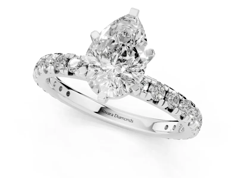 Pear Cut Diamond Pavé Solitaire Ring Set in Silver with Round Band and Prong Setting