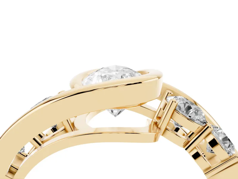 Pear-Shaped Bezel Bypass Engagement Ring Setting | Round Side Stones | Yellow Gold