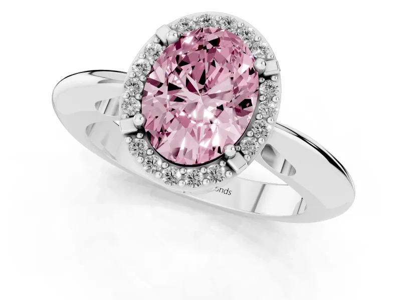 Fancy Pink Oval Cut Diamond Halo Engagement Ring Set in Silver with Plain Split Shank and Prong Setting