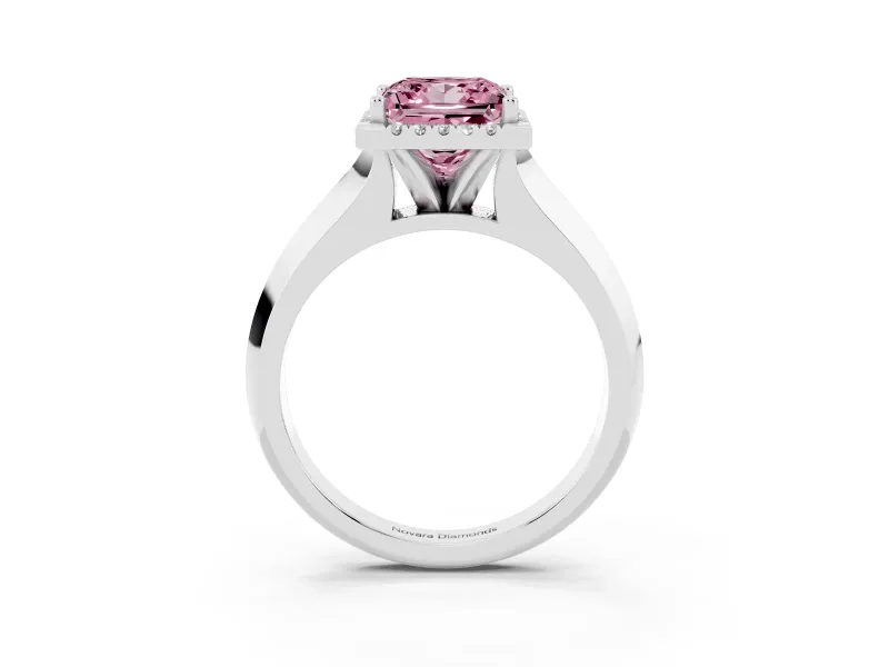 Fancy Pink Princess Cut Diamond Halo Ring Set in White gold with Cathedral Band and Prong Setting