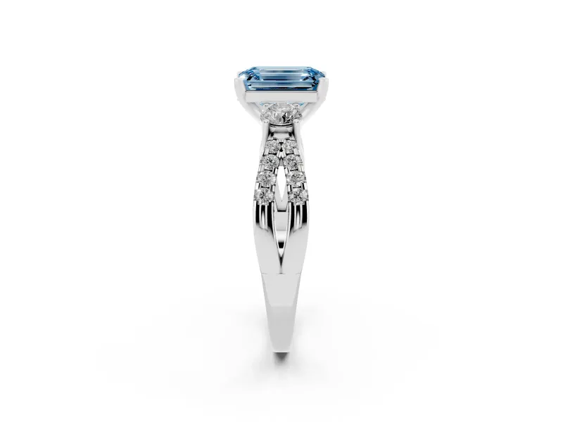 Fancy Blue Emerald Cut Diamond Three-Stone Ring Set in Silver with Pavé Split Shank and Prong Setting