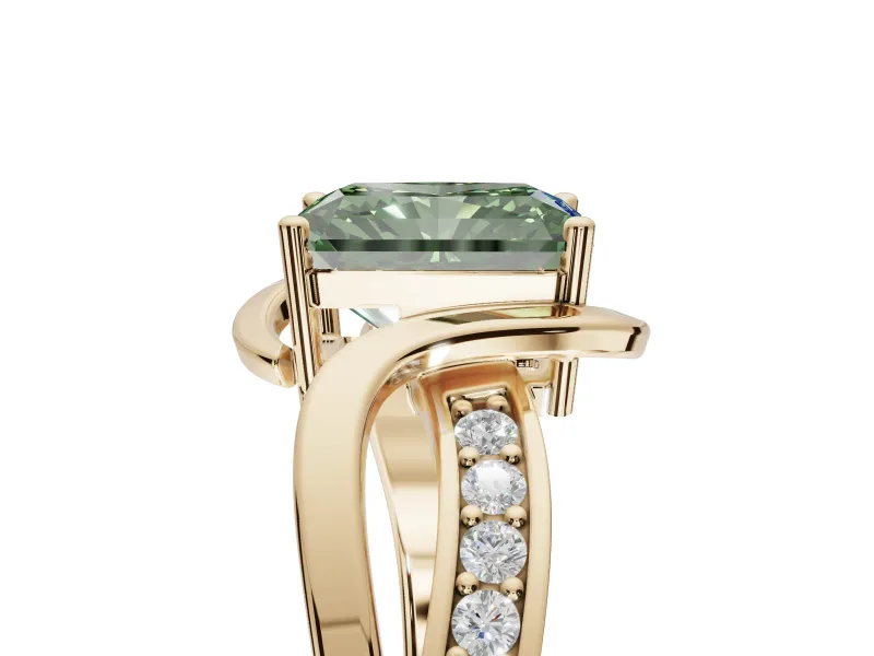 Radiant Cut Bypass Solitaire Engagement Ring Setting for a Fancy Green Lab-Grown Diamond | Pavé Strands | Yellow Gold