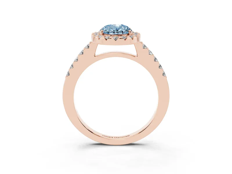 Fancy Blue Oval Cut Diamond Halo Pavé Solitaire Ring Set in Rose gold with Prong-Set Center Stone