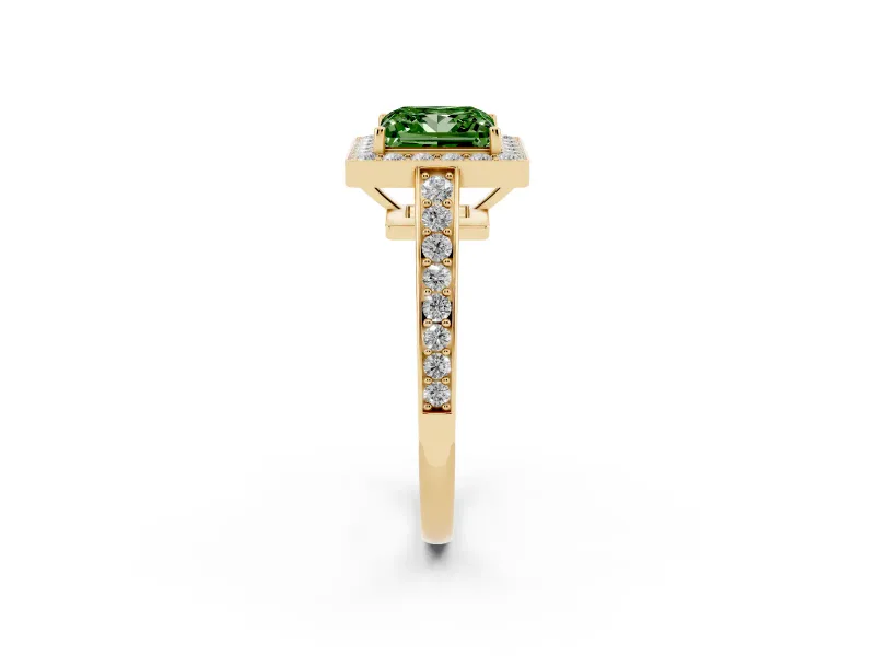 Fancy Green Princess Cut Diamond Halo Pavé Engagement Ring Set in Yellow gold with Bezel Setting