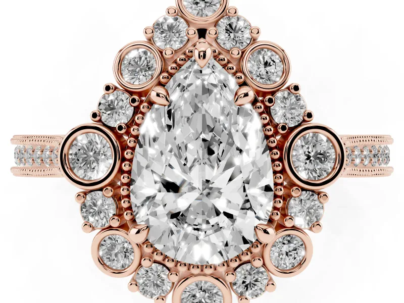 Pear Cut Diamond Halo Milgrain Pavé Ring Set in Rose gold with Prong Setting