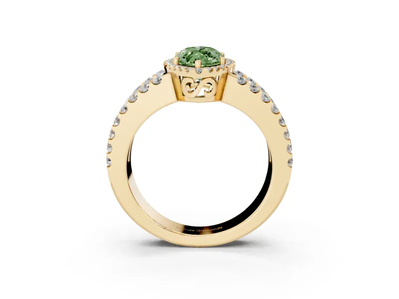 Fancy Green Marquise Cut Diamond Halo Ring Set in Yellow gold with Pavé Split Shank and Prong Setting