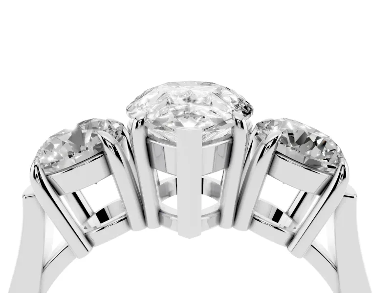 Pear Cut Diamond Three-Stone Ring Set in Platinum with Round Accent Stones and Plain Band
