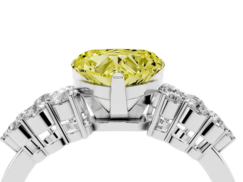 Fancy Yellow Heart Cut Diamond Cluster Engagement Ring Set in White gold with Pavé Band and Prong Setting