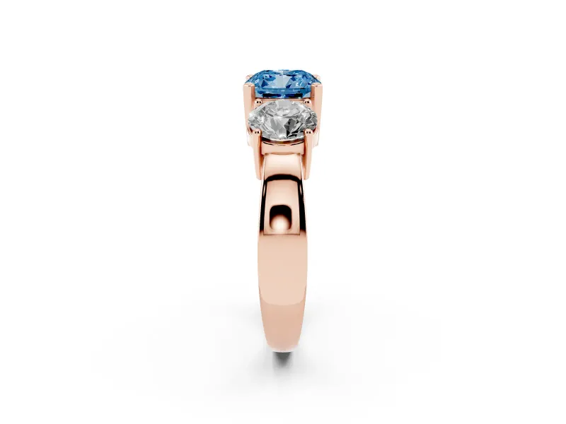 Cushion Cut Three Stone Engagement Ring Setting for a Fancy Blue Lab-Grown Diamond | Wide Plain Band | Rose Gold