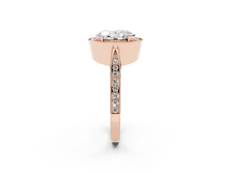 Oval Vintage Milgrain Halo Engagement Ring Setting | Side Stones and Pave | Rose Gold