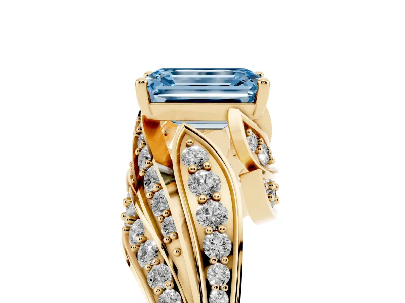 Emerald Cut Bypass Hidden Halo Engagement Ring Setting for a Fancy Blue Lab-Grown Diamond | Graduated Pavé | Yellow Gold