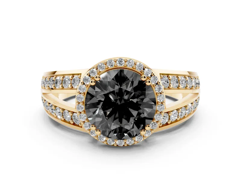 Fancy Black Round Cut Diamond Halo Ring Set in Yellow gold with Double Pavé Split Shank