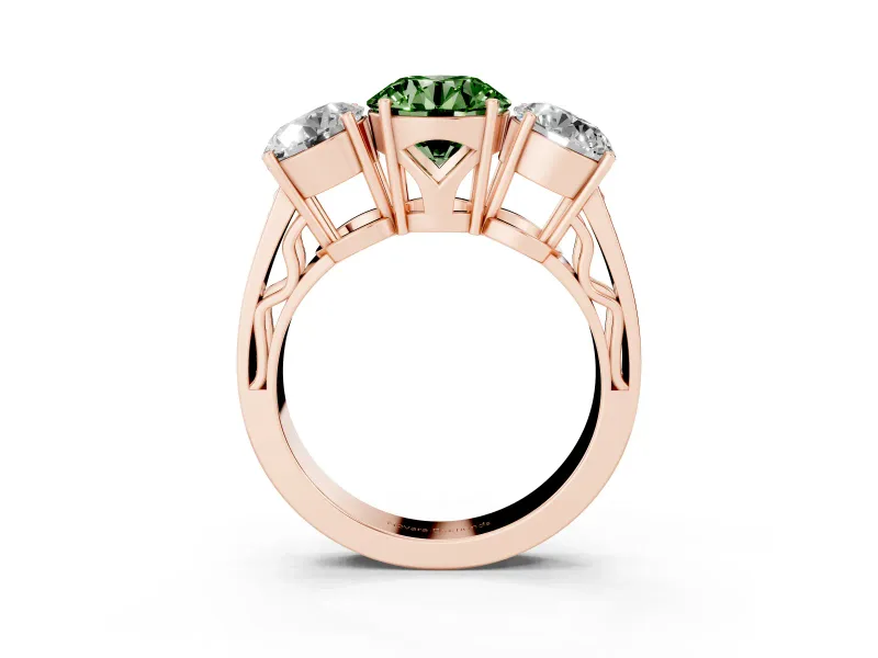 Round Engagement Ring Setting for a Fancy Green Lab-Grown Diamond | Three Stone | Rose Gold