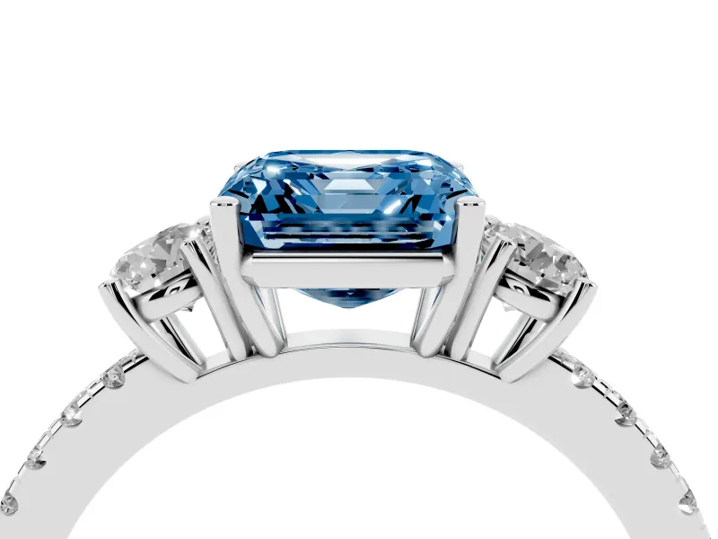 Asscher Cut Three Stone Engagement Ring Setting for a Fancy Blue Lab-Grown Diamond | Pave Shoulders | Sterling Silver
