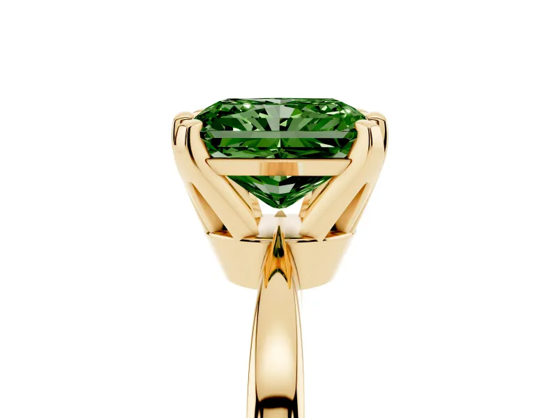 Fancy Green Radiant Cut Diamond Solitaire Engagement Ring Set in Yellow gold with Slim Tapered Solitaire Band