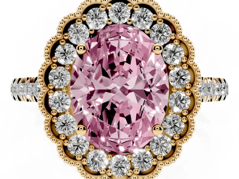 Fancy Pink Oval Cut Diamond Milgrain Floral Halo Engagement Ring Set in Yellow gold with Pavé Band