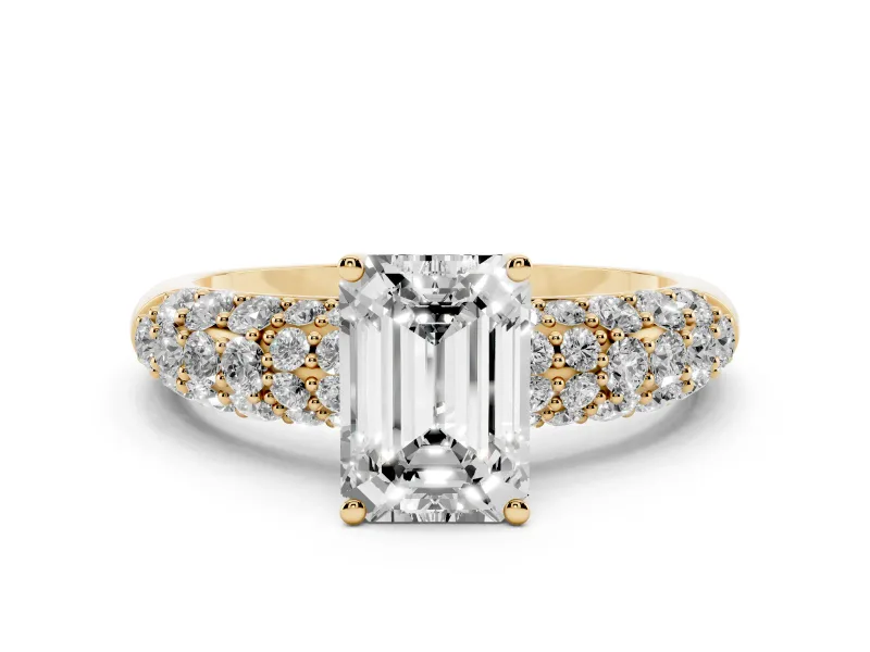 Emerald Cut Diamond Pavé Band Solitaire Ring Set in Yellow gold with Close-Set Accent Stones and Prong Setting