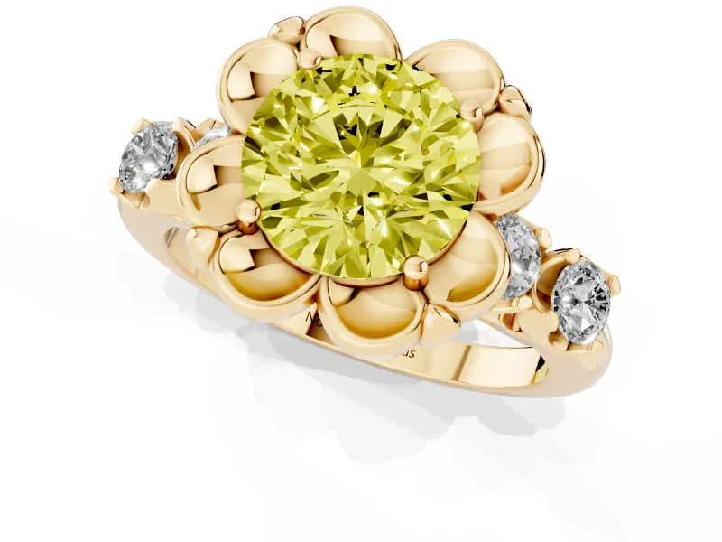 Round Floral Engagement Ring Setting for a Fancy Yellow Lab-Grown Diamond | Petal Frame and Side Stones | Yellow Gold