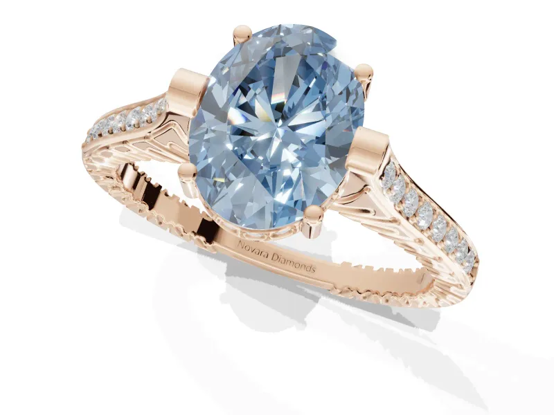 Oval Vintage Cathedral Engagement Ring Setting for a Fancy Blue Lab-Grown Diamond | Carved Band | Rose Gold