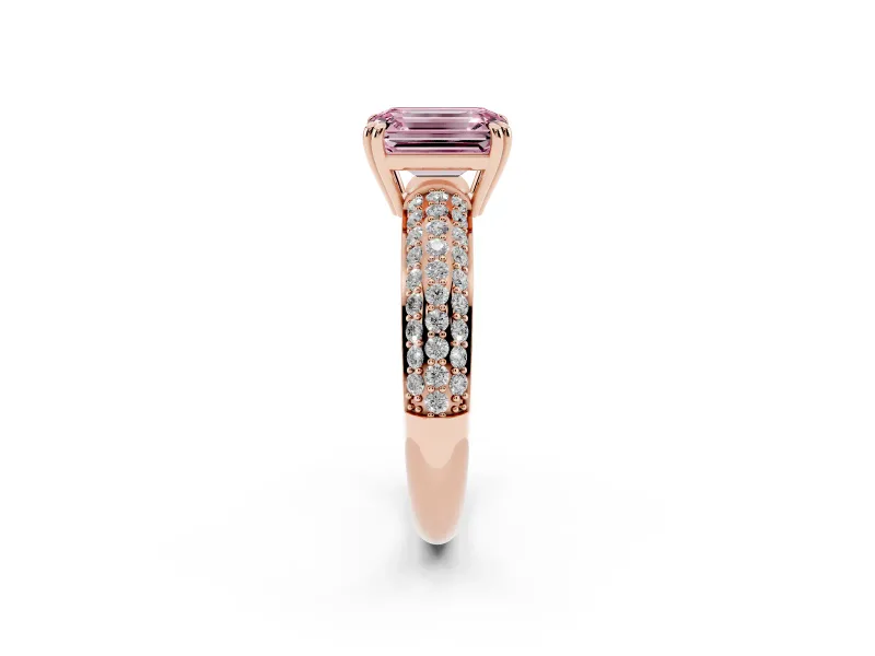 Emerald Cut Three Row Pave Engagement Ring Setting for a Fancy Pink Lab-Grown Diamond | Rose Gold