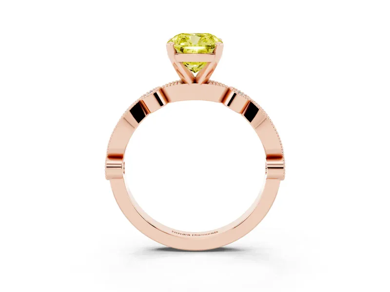 Fancy Yellow Cushion Cut Diamond Solitaire Engagement Ring Set in Rose gold with Milgrain Bezel Accent Band