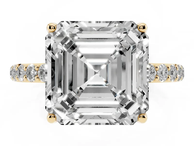 Asscher Cut Pave Solitaire Engagement Ring Setting | Fine Line Pave Band | Yellow Gold