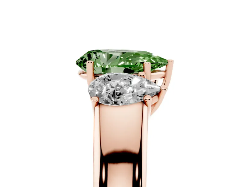 Fancy Green Three-Stone Pear Cut Diamond Ring Set in Rose gold with Matching Prong Settings and Plain Band