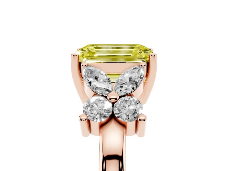 Fancy Yellow Emerald Cut Diamond Floral Cluster Ring Set in Rose gold with Marquise Petals and Prong Setting