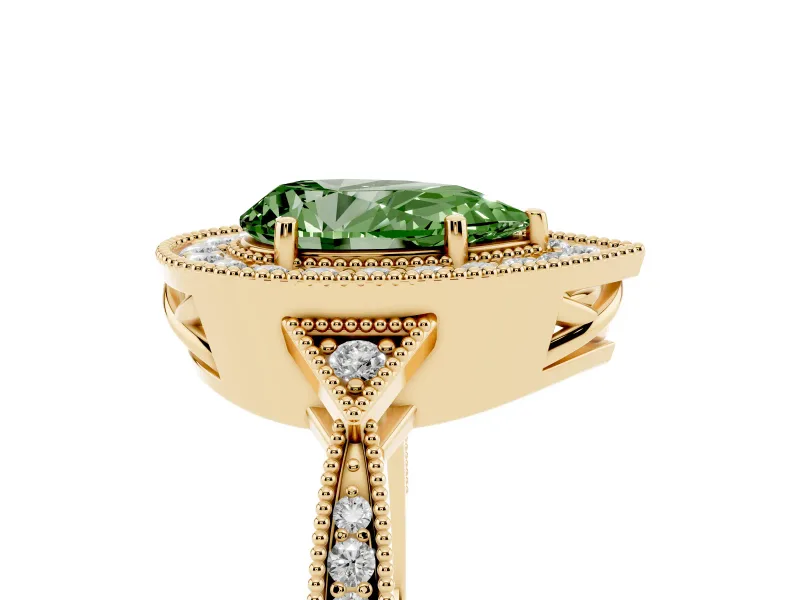 Fancy Green Pear Cut Diamond Halo Engagement Ring Set in Yellow gold with Milgrain Pavé Band
