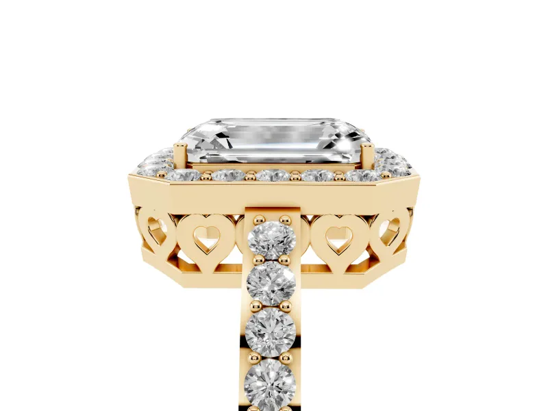 Emerald Cut Diamond Halo Ring Set in Yellow gold with Pavé-Setting Band and Open Prong Center