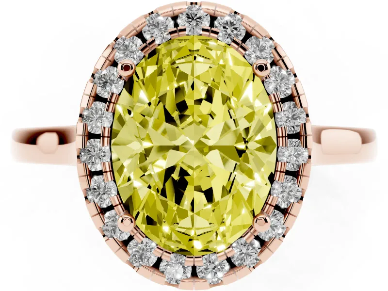 Fancy Yellow Oval Cut Halo Round Diamond Solitaire Ring Set in Rose gold with Pavé Band and Prong Setting