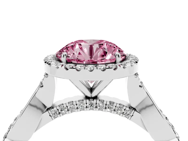 Fancy Pink Round Cut Diamond Halo Twist Band Solitaire Ring Set in Silver with Prong Setting