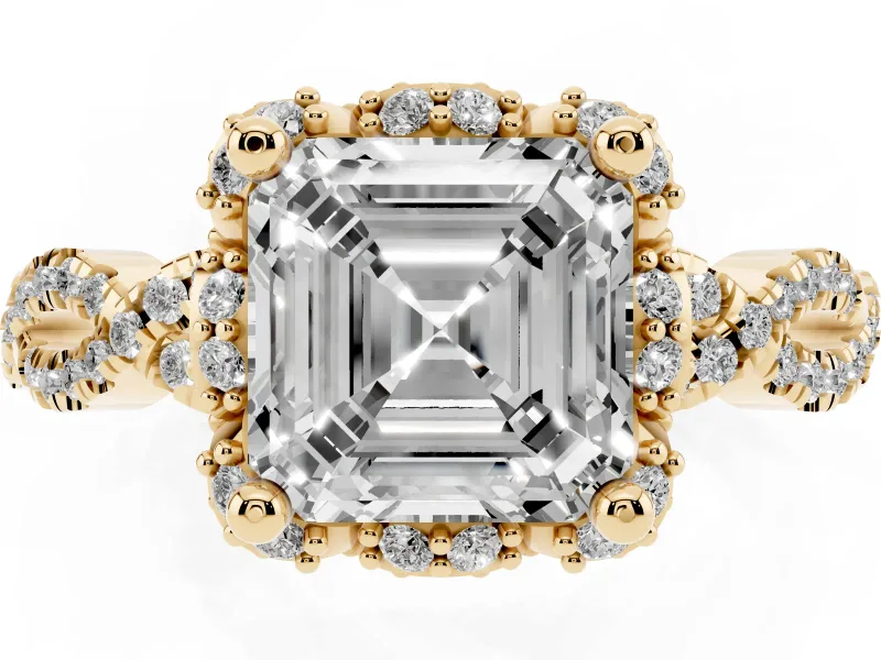 Asscher Cut Diamond Halo Twist Band Solitaire Ring Set in Yellow gold with Prong-Set Center Stone