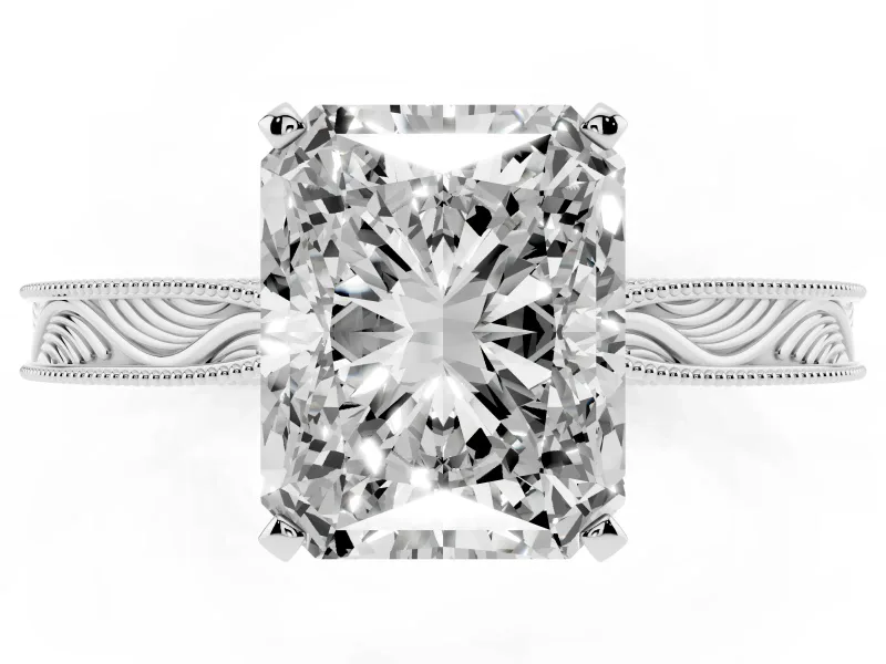 Radiant Cut Diamond Solitaire Milgrain Engraved Band Set in Platinum with Prong Setting