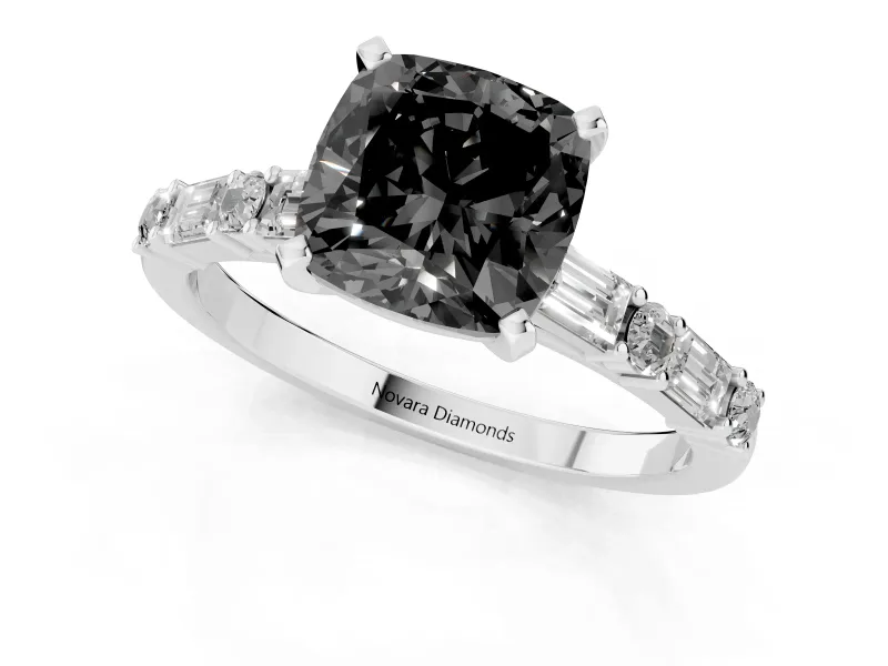 Fancy Black Cushion Cut Diamond Solitaire Set in Platinum with Side Baguettes and Channel Set Band