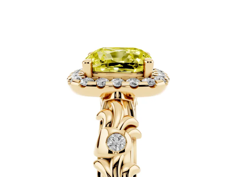 Cushion Cut Leaf Halo Engagement Ring Setting for a Fancy Yellow Lab-Grown Diamond | Bezel Accents | Yellow Gold