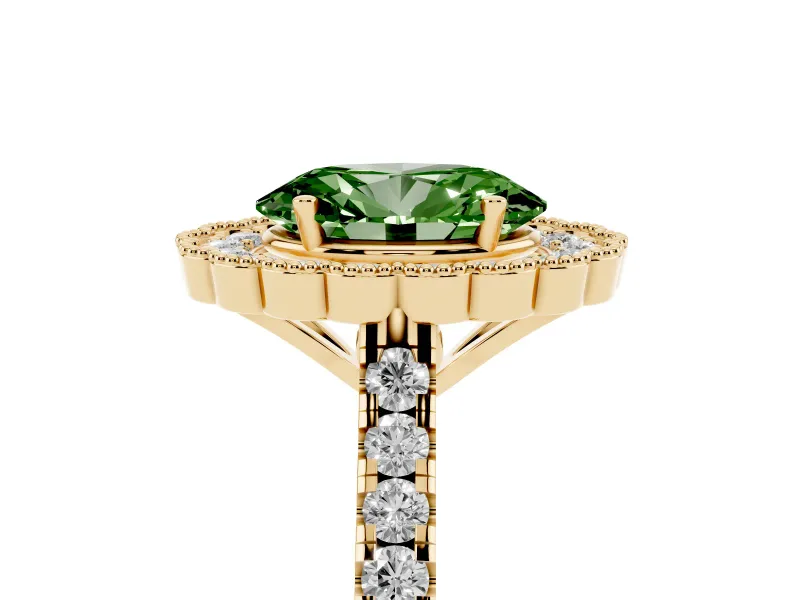 Fancy Green Oval Cut Diamond Milgrain Floral Halo Engagement Ring Set in Yellow gold with Pavé Band