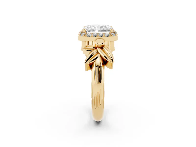 Radiant Cut Floral Halo Engagement Ring Setting | Leaf Shoulders | Yellow Gold