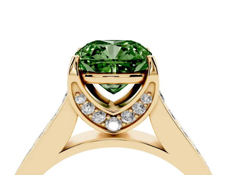 Cushion Cut Graduated Pavé Engagement Ring Setting for a Fancy Green Lab-Grown Diamond | Yellow Gold